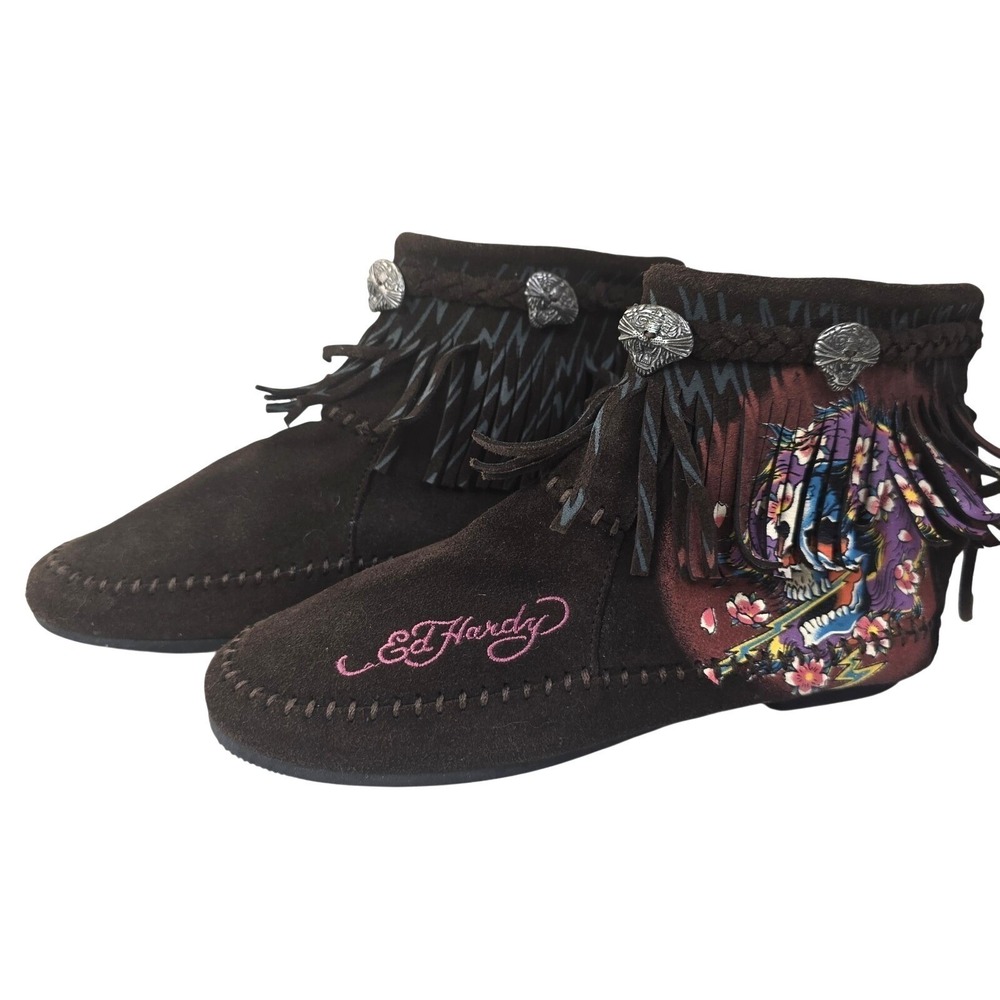 Y2K ED HARDY Brown Suede Moccasins Booties Skull Design Sz 6 Fringe Rear Zip